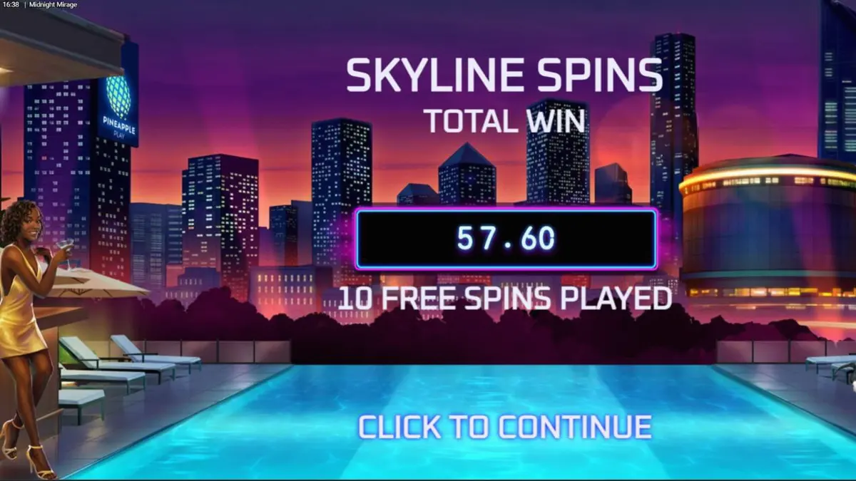 Tampilan visual neon dari slot Midnight Mirage dengan latar belakang rooftop bar.