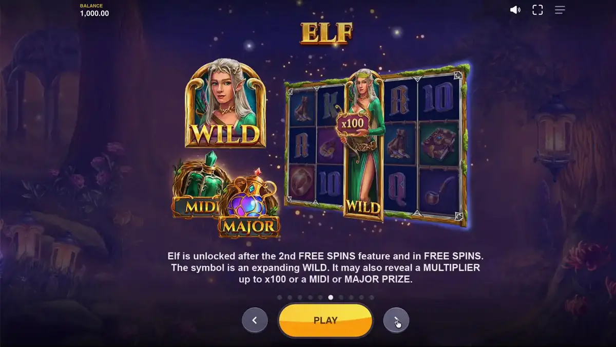 Tampilan visual hutan fantasi dalam slot Land of Riches dengan simbol karakter mitos.